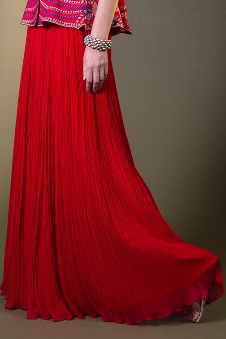 Rishi And Soujit_Red Raw Silk Embroidery Thread Mandarin Work Peplum Top And Pant Set _Online_at_Aza_Fashions