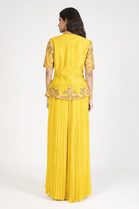 Shop Rishi And Soujit Yellow Raw Silk Embroidery Thread Floral Peplum Top And Pant Set at Aza Fashions Shop_Rishi And Soujit_Yellow Raw Silk Embroidery Thread Floral Peplum Top And Pant Set _at_Aza_Fashions