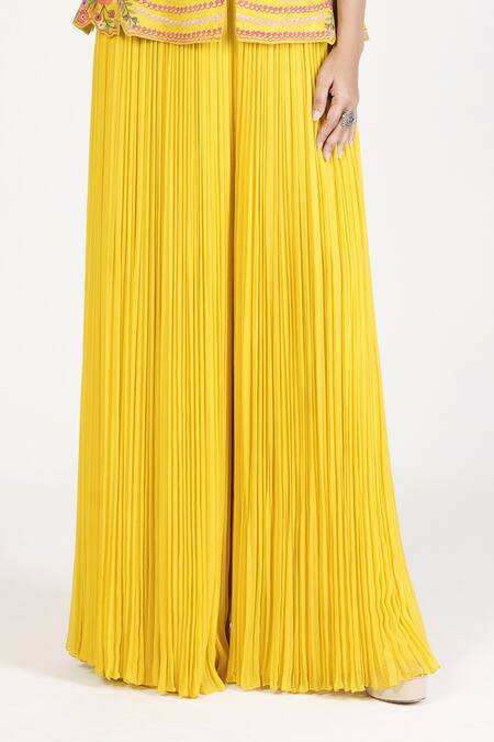 Rishi And Soujit Yellow Raw Silk Embroidery Thread Floral Peplum Top And Pant Set Online at Aza Fashions Rishi And Soujit_Yellow Raw Silk Embroidery Thread Floral Peplum Top And Pant Set _Online_at_Aza_Fashions