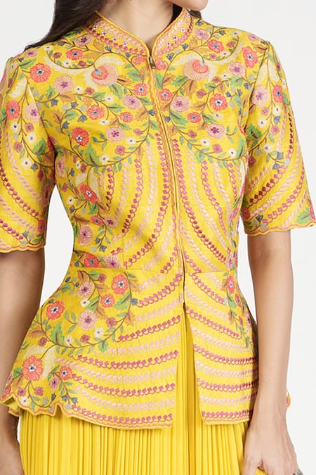 Buy Rishi And Soujit Yellow Raw Silk Embroidery Thread Floral Peplum Top And Pant Set Online at Aza Fashions Buy_Rishi And Soujit_Yellow Raw Silk Embroidery Thread Floral Peplum Top And Pant Set _Online_at_Aza_Fashions