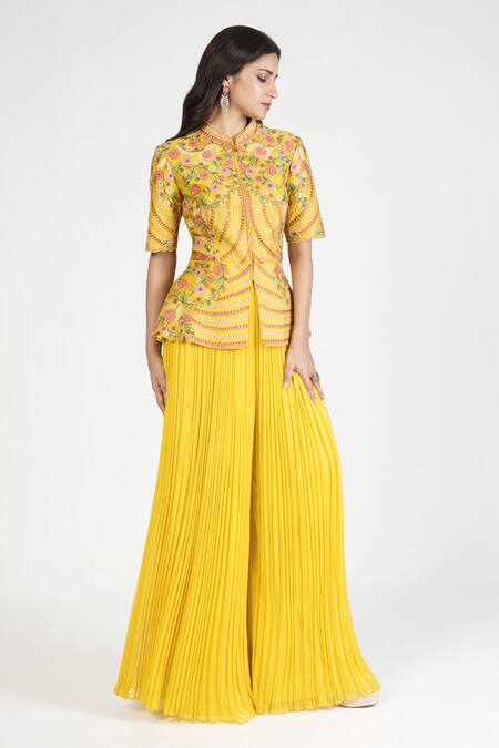 Shop Rishi And Soujit Yellow Raw Silk Embroidery Thread Floral Peplum Top And Pant Set Online at Aza Fashions Shop_Rishi And Soujit_Yellow Raw Silk Embroidery Thread Floral Peplum Top And Pant Set _Online_at_Aza_Fashions