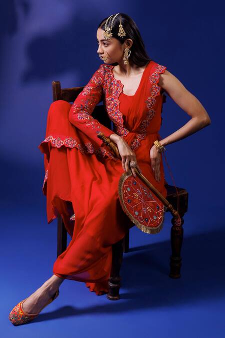 Shop Rishi And Soujit Red Georgette, Silk Embroidery Round Neck Floral Saree Gown With Dupatta at Aza Fashions Shop_Rishi And Soujit_Red Georgette, Silk Embroidery Round Neck Floral Saree Gown With Dupatta_at_Aza_Fashions