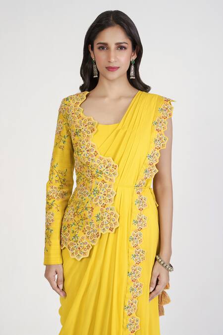 Rishi And Soujit_Yellow Georgette, Silk Embroidery Round Neck Thread Saree Gown_Online_at_Aza_Fashions