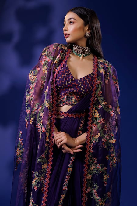Shop Rishi And Soujit Purple Silk, Organza, Georgette Border Pre-draped Saree Set With Cape at Aza Fashions Shop_Rishi And Soujit_Purple Silk, Organza, Georgette Border Pre-draped Saree Set With Cape _at_Aza_Fashions