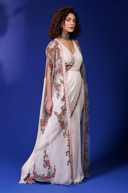 Shop Rishi And Soujit Ivory Georgette, Organza, Silk Thread Border Pre-draped Saree Set With Cape at Aza Fashions Shop_Rishi And Soujit_Ivory Georgette, Organza, Silk Thread Border Pre-draped Saree Set With Cape _at_Aza_Fashions