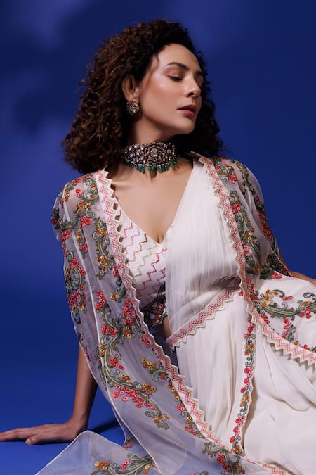 Rishi And Soujit Ivory Georgette, Organza, Silk Thread Border Pre-draped Saree Set With Cape Online at Aza Fashions Rishi And Soujit_Ivory Georgette, Organza, Silk Thread Border Pre-draped Saree Set With Cape _Online_at_Aza_Fashions