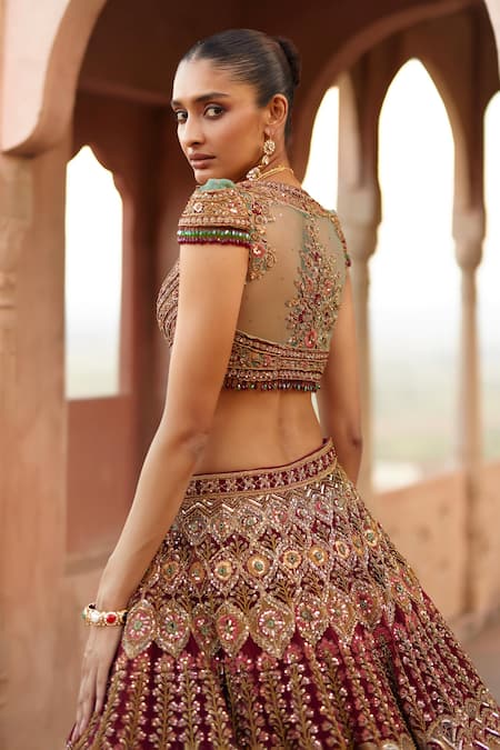 Shop Roqa Red Silk, Net Sequins, Embroidery, Amaira Flora Art Bridal Lehenga Set at Aza Fashions Shop_Roqa_Red Silk, Net Sequins, Embroidery, Amaira Flora Art Bridal Lehenga Set _at_Aza_Fashions