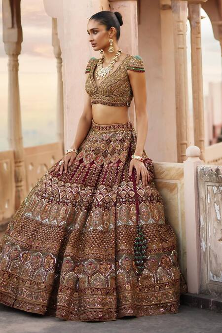 Roqa Red Silk, Net Sequins, Embroidery, Amaira Flora Art Bridal Lehenga Set Online at Aza Fashions Roqa_Red Silk, Net Sequins, Embroidery, Amaira Flora Art Bridal Lehenga Set _Online_at_Aza_Fashions