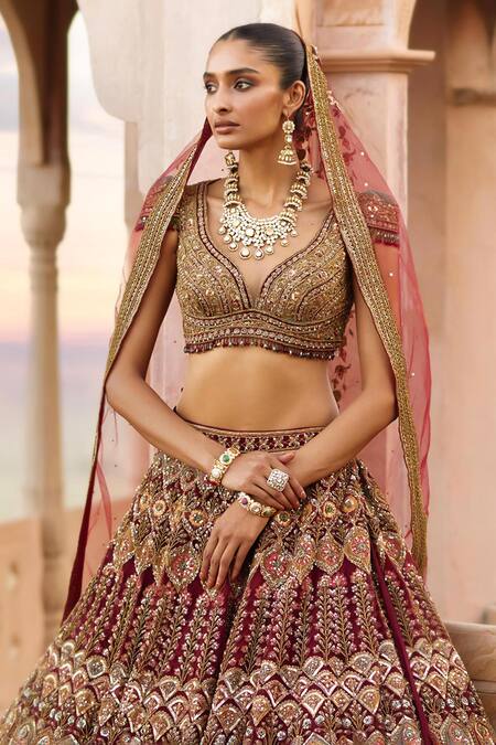 Buy Roqa Red Silk, Net Sequins, Embroidery, Amaira Flora Art Bridal Lehenga Set Online at Aza Fashions Buy_Roqa_Red Silk, Net Sequins, Embroidery, Amaira Flora Art Bridal Lehenga Set _Online_at_Aza_Fashions