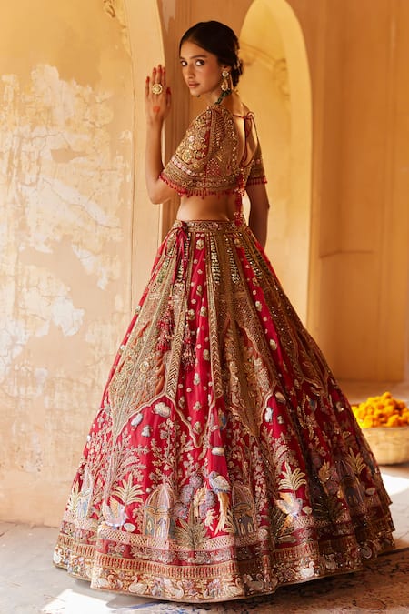 Shop Roqa Red Net Pearls, Sequins, Azara Royal Garden Embroidered Bridal Lehenga Set at Aza Fashions Shop_Roqa_Red Net Pearls, Sequins, Azara Royal Garden Embroidered Bridal Lehenga Set _at_Aza_Fashions