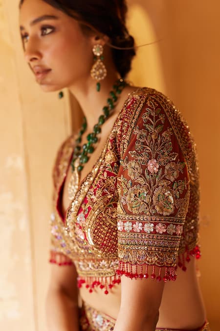 Roqa Red Net Pearls, Sequins, Azara Royal Garden Embroidered Bridal Lehenga Set Online at Aza Fashions Roqa_Red Net Pearls, Sequins, Azara Royal Garden Embroidered Bridal Lehenga Set _Online_at_Aza_Fashions