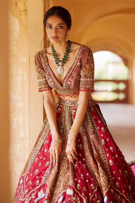 Buy Roqa Red Net Pearls, Sequins, Azara Royal Garden Embroidered Bridal Lehenga Set Online at Aza Fashions Buy_Roqa_Red Net Pearls, Sequins, Azara Royal Garden Embroidered Bridal Lehenga Set _Online_at_Aza_Fashions