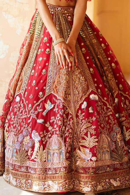 Shop Roqa Red Net Pearls, Sequins, Azara Royal Garden Embroidered Bridal Lehenga Set Online at Aza Fashions Shop_Roqa_Red Net Pearls, Sequins, Azara Royal Garden Embroidered Bridal Lehenga Set _Online_at_Aza_Fashions