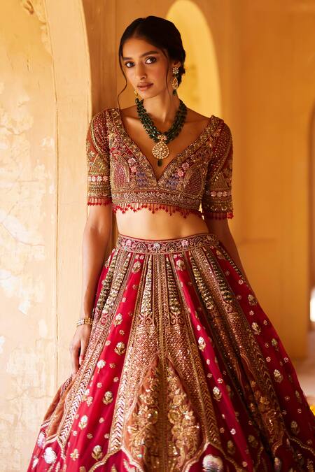 Roqa Red Net Pearls, Sequins, Azara Royal Garden Embroidered Bridal Lehenga Set at Aza Fashions Roqa_Red Net Pearls, Sequins, Azara Royal Garden Embroidered Bridal Lehenga Set _at_Aza_Fashions