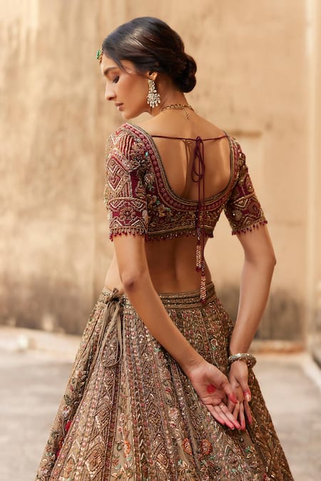 Shop Roqa Gold Silk, Net Sequins, Embroidery Dahlia Petunia Garden Bridal Lehenga Set at Aza Fashions Shop_Roqa_Gold Silk, Net Sequins, Embroidery Dahlia Petunia Garden Bridal Lehenga Set _at_Aza_Fashions