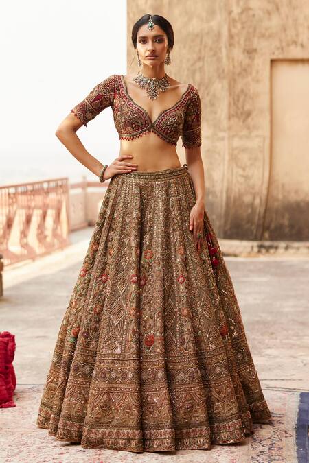 Shop Roqa Gold Silk, Net Sequins, Embroidery Dahlia Petunia Garden Bridal Lehenga Set Online at Aza Fashions Shop_Roqa_Gold Silk, Net Sequins, Embroidery Dahlia Petunia Garden Bridal Lehenga Set _Online_at_Aza_Fashions