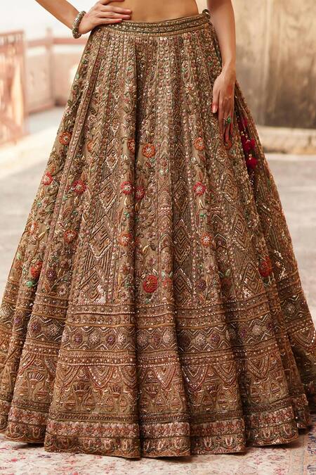 Roqa Gold Silk, Net Sequins, Embroidery Dahlia Petunia Garden Bridal Lehenga Set at Aza Fashions Roqa_Gold Silk, Net Sequins, Embroidery Dahlia Petunia Garden Bridal Lehenga Set _at_Aza_Fashions
