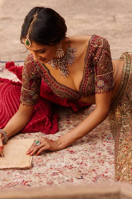 Buy Roqa Gold Silk, Net Sequins, Embroidery Dahlia Petunia Garden Bridal Lehenga Set Buy_Roqa_Gold Silk, Net Sequins, Embroidery Dahlia Petunia Garden Bridal Lehenga Set