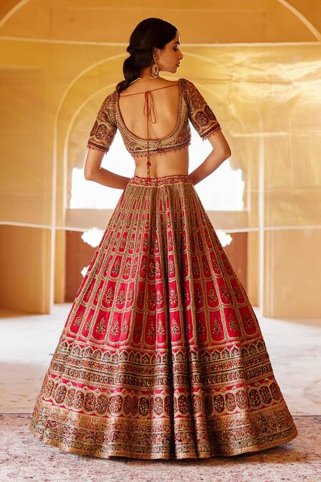 Shop Roqa Red Silk, Net Sequins, Embroidery, Daria Wildfloral Garden Bridal Lehenga Set at Aza Fashions Shop_Roqa_Red Silk, Net Sequins, Embroidery, Daria Wildfloral Garden Bridal Lehenga Set _at_Aza_Fashions