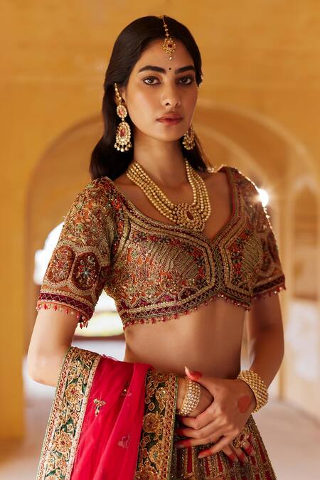 Roqa Red Silk, Net Sequins, Embroidery, Daria Wildfloral Garden Bridal Lehenga Set Online at Aza Fashions Roqa_Red Silk, Net Sequins, Embroidery, Daria Wildfloral Garden Bridal Lehenga Set _Online_at_Aza_Fashions