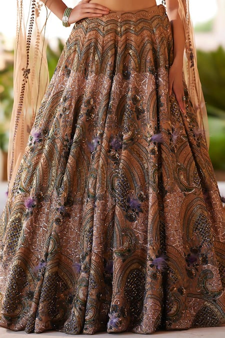 Roqa_Peach Net, Silk Sequins, Beads Faarida Gardenia Embroidered Lehenga With Blouse _Online_at_Aza_Fashions