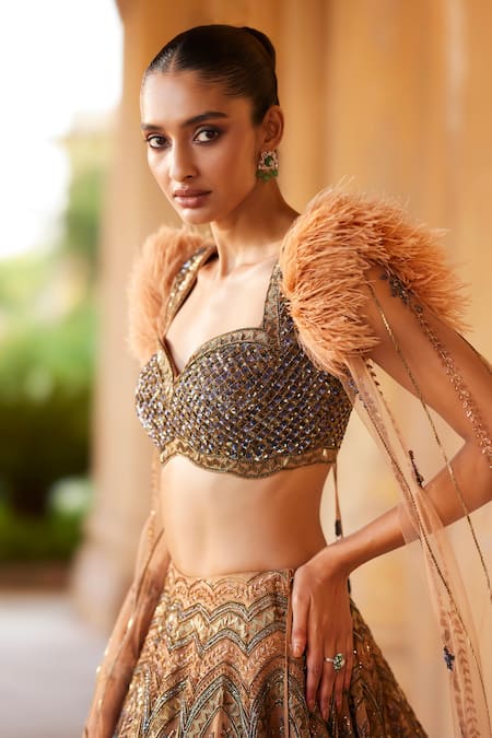 Buy_Roqa_Peach Net, Silk Sequins, Beads Faarida Gardenia Embroidered Lehenga With Blouse _Online_at_Aza_Fashions