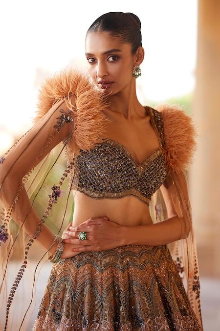 Shop_Roqa_Peach Net, Silk Sequins, Beads Faarida Gardenia Embroidered Lehenga With Blouse _Online_at_Aza_Fashions