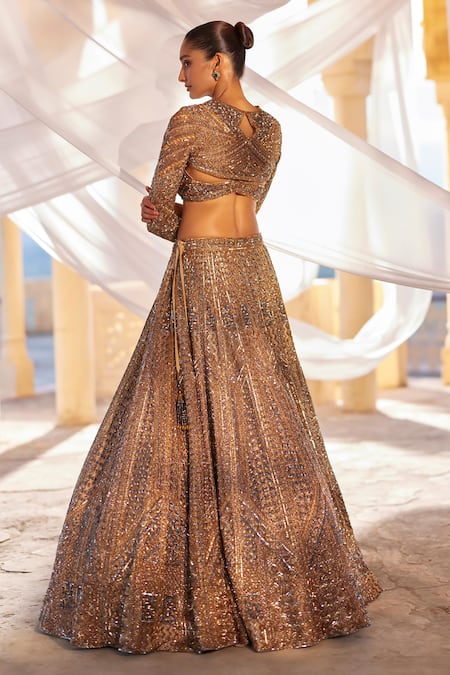 Shop Roqa Gold Silk Sequins, Beads Sweetheart Fareeha Flora Embellished Cape Lehenga Set at Aza Fashions Shop_Roqa_Gold Silk Sequins, Beads Sweetheart Fareeha Flora Embellished Cape Lehenga Set _at_Aza_Fashions