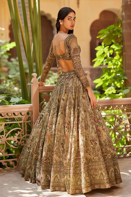 Roqa Green Silk, Net Sequins, Fayroz Bird Gardenia Embroidered Bridal Lehenga Set Online at Aza Fashions Roqa_Green Silk, Net Sequins, Fayroz Bird Gardenia Embroidered Bridal Lehenga Set _Online_at_Aza_Fashions