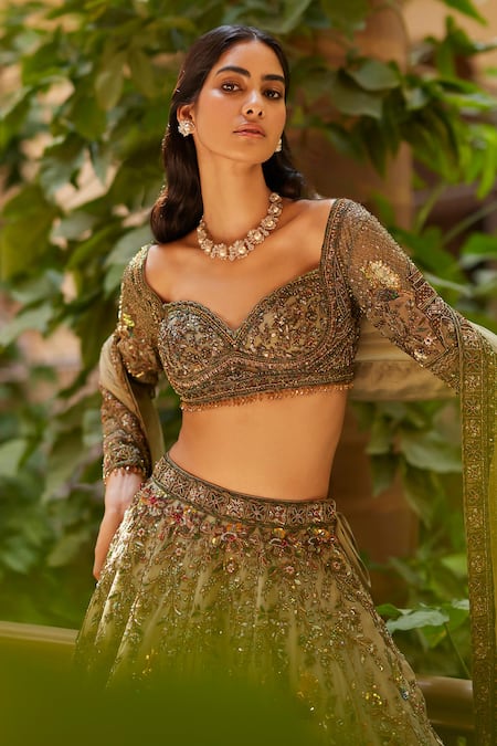 Shop Roqa Green Silk, Net Sequins, Fayroz Bird Gardenia Embroidered Bridal Lehenga Set Online at Aza Fashions Shop_Roqa_Green Silk, Net Sequins, Fayroz Bird Gardenia Embroidered Bridal Lehenga Set _Online_at_Aza_Fashions