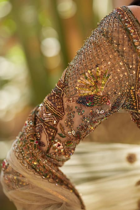 Roqa Green Silk, Net Sequins, Fayroz Bird Gardenia Embroidered Bridal Lehenga Set at Aza Fashions Roqa_Green Silk, Net Sequins, Fayroz Bird Gardenia Embroidered Bridal Lehenga Set _at_Aza_Fashions