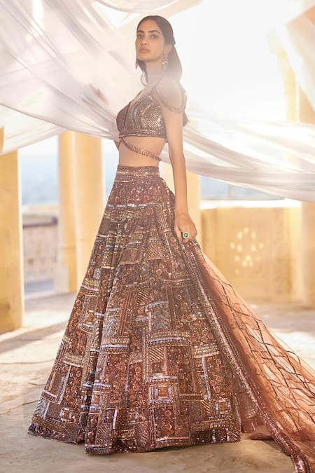 Roqa Brown Embroidery Resham Sweetheart Neck Kinaaz Sequin Lehenga Set  