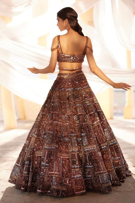 Shop_Roqa_Brown Silk Pearls, Sequins, Embroidery Sweetheart Neck Lehenga Set _at_Aza_Fashions