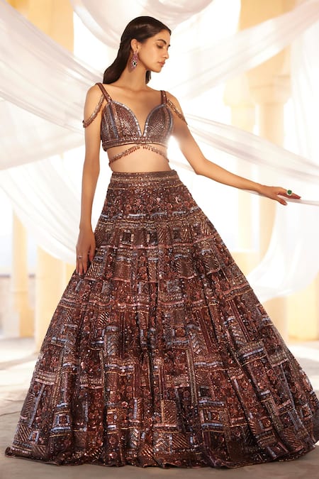 Shop_Roqa_Brown Silk Pearls, Sequins, Embroidery Sweetheart Neck Lehenga Set _Online_at_Aza_Fashions