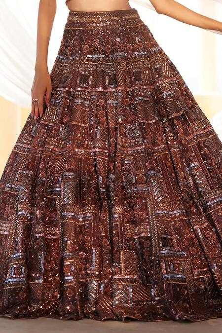 Roqa_Brown Silk Pearls, Sequins, Embroidery Sweetheart Neck Lehenga Set _at_Aza_Fashions