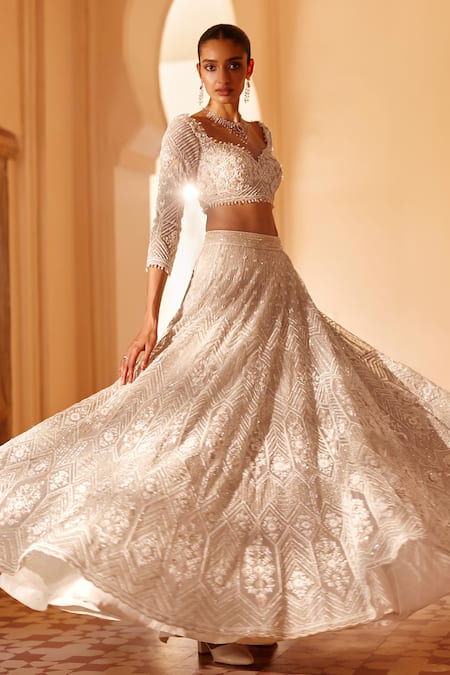 Roqa Ivory Embroidery Sequin Labaan Geometric Bridal Lehenga Set   5