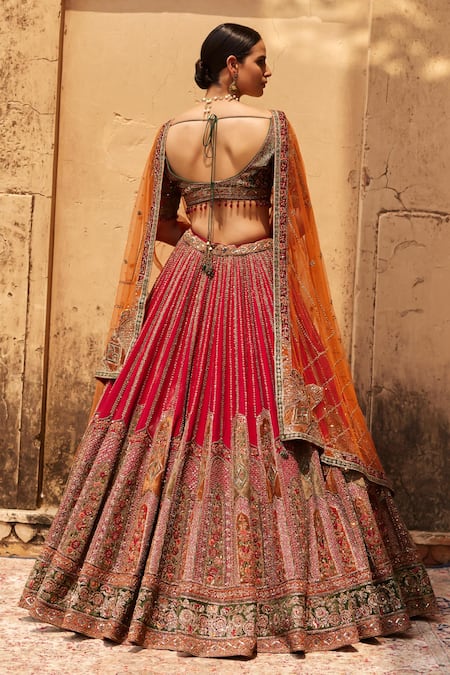 Shop_Roqa_Red Silk, Net Diamonds, Embroidery, Crystals Mariyam Raw Bridal Lehenga Set _at_Aza_Fashions