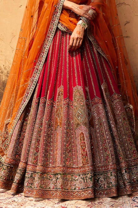 Roqa_Red Silk, Net Diamonds, Embroidery, Crystals Mariyam Raw Bridal Lehenga Set _Online_at_Aza_Fashions