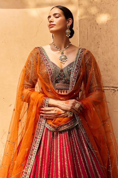 Buy_Roqa_Red Silk, Net Diamonds, Embroidery, Crystals Mariyam Raw Bridal Lehenga Set _Online_at_Aza_Fashions
