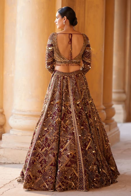 Shop_Roqa_Maroon Silk, Net Pearls, Sequins, Rohira Resham Embroidered Bridal Lehenga Set _at_Aza_Fashions