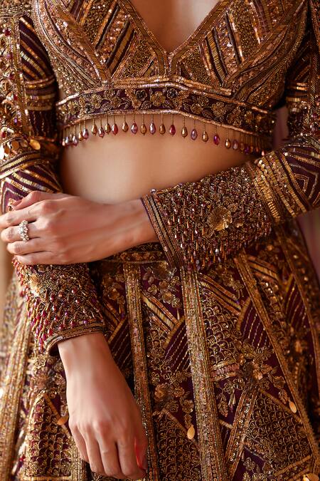 Roqa_Maroon Silk, Net Pearls, Sequins, Rohira Resham Embroidered Bridal Lehenga Set _Online_at_Aza_Fashions