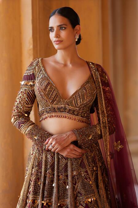 Buy_Roqa_Maroon Silk, Net Pearls, Sequins, Rohira Resham Embroidered Bridal Lehenga Set _Online_at_Aza_Fashions