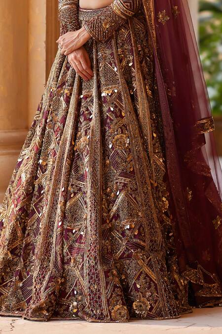 Shop_Roqa_Maroon Silk, Net Pearls, Sequins, Rohira Resham Embroidered Bridal Lehenga Set _Online_at_Aza_Fashions