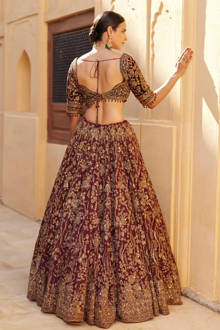 Shop_Roqa_Maroon Silk, Net Embroidery, Crystals, Cut Work Yashfa Raw Bridal Lehenga Set _at_Aza_Fashions