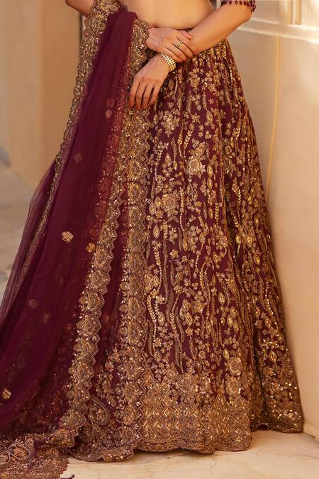Roqa_Maroon Silk, Net Embroidery, Crystals, Cut Work Yashfa Raw Bridal Lehenga Set _Online_at_Aza_Fashions