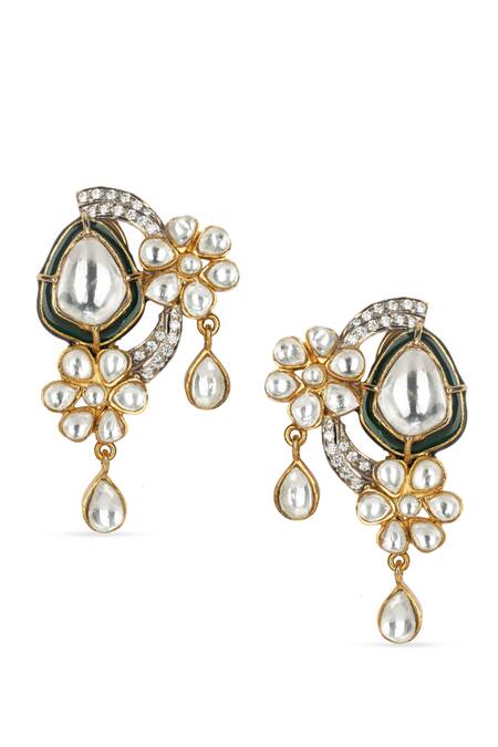 Shop Vasundhara Gold Plated Crystals Kundan Embellished Drop Earrings at Aza Fashions Shop_Vasundhara_Gold Plated Crystals Kundan Embellished Drop Earrings_at_Aza_Fashions