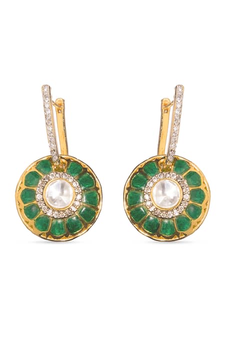 Shop Vasundhara Gold Plated Crystals, Diamonds Cubic Zirconia Embellished Dangler Earrings at Aza Fashions Shop_Vasundhara_Gold Plated Crystals, Diamonds Cubic Zirconia Embellished Dangler Earrings _at_Aza_Fashions