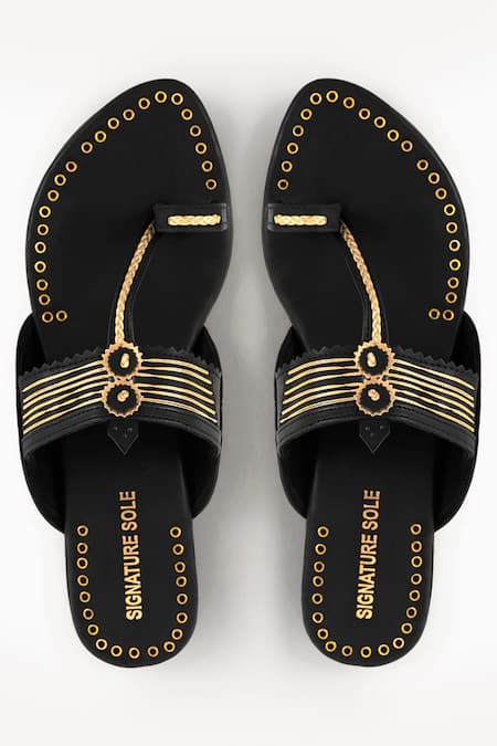 Signature Sole Black Hand Embroidered Kolhapuri Flats 