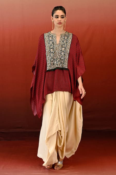Shop Swati Vijaivargie Maroon Bemberg Modal Satin Doorva Embroidered Yoke Poncho With Skirt at Aza Fashions Shop_Swati Vijaivargie_Maroon Bemberg Modal Satin Doorva Embroidered Yoke Poncho With Skirt _at_Aza_Fashions