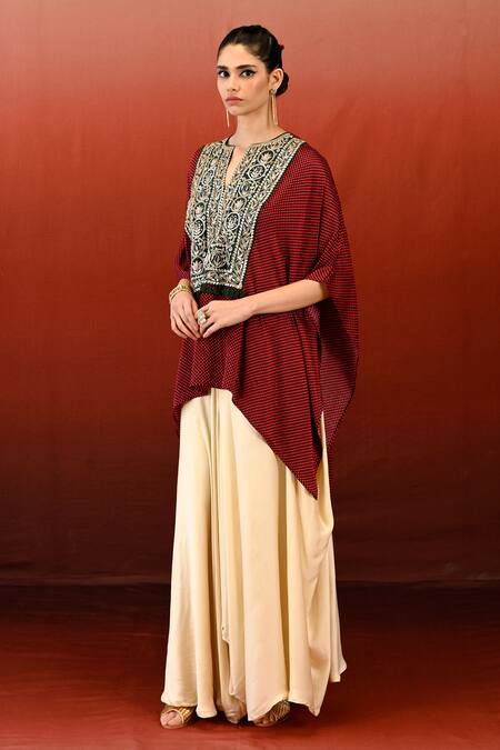 Buy Swati Vijaivargie Maroon Bemberg Modal Satin Doorva Embroidered Yoke Poncho With Skirt Online at Aza Fashions Buy_Swati Vijaivargie_Maroon Bemberg Modal Satin Doorva Embroidered Yoke Poncho With Skirt _Online_at_Aza_Fashions